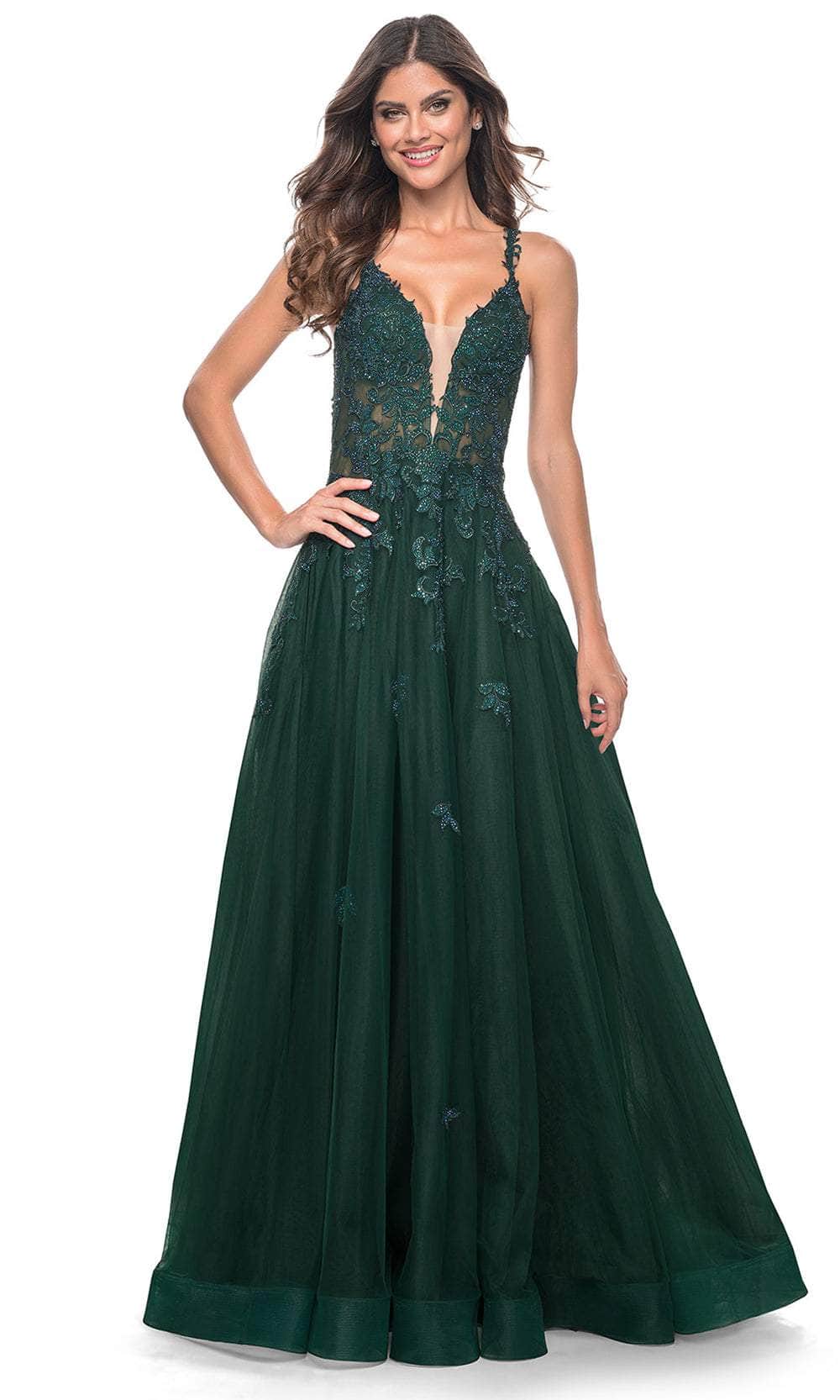 La Femme 32022 Plunging Neckline Embroidered Prom Dress
