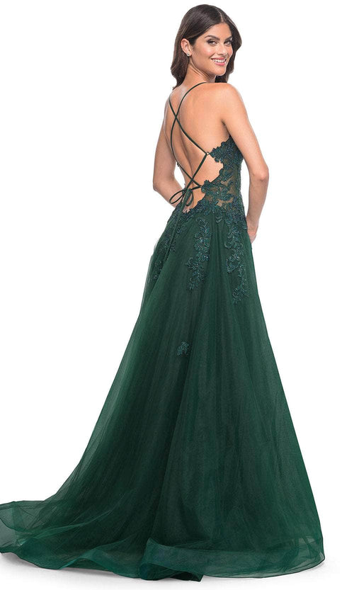 La Femme 32022 Plunging Neckline Embroidered Prom Dress