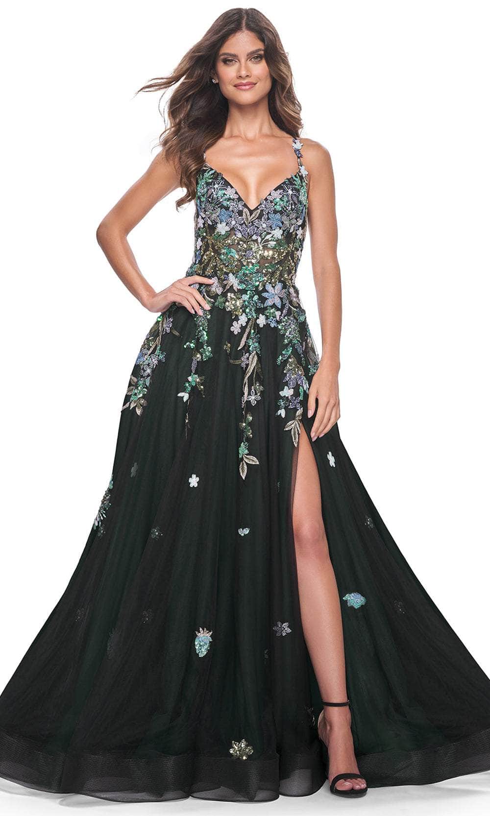La Femme 32023 A-Line Floral Appliqued Prom Gown