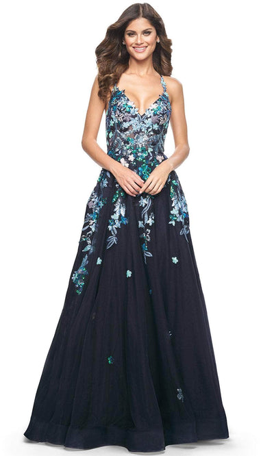La Femme 32023 A-Line Floral Appliqued Prom Gown