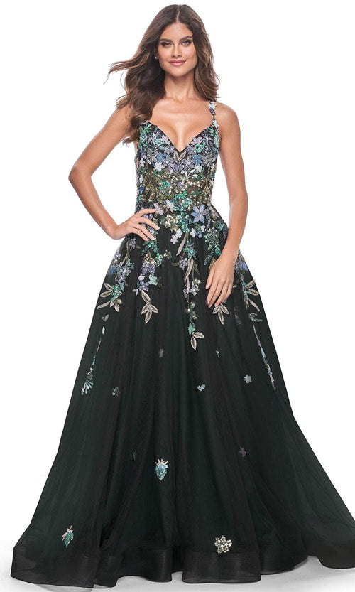 La Femme 32023 A-Line Floral Appliqued Prom Gown