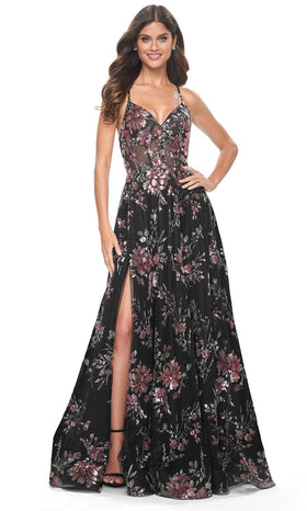 La Femme 32031 V-Neck Floral Sequin Prom Gown