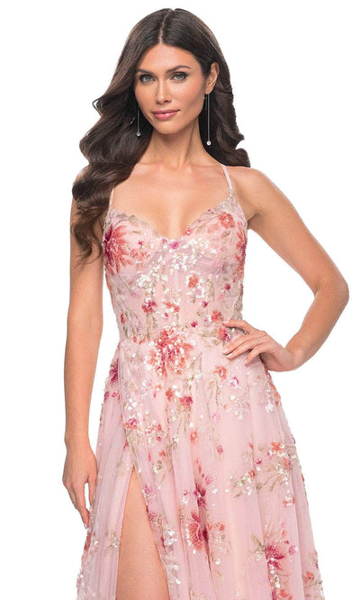 La Femme 32031 V-Neck Floral Sequin Prom Gown