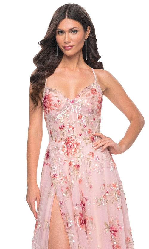 La Femme 32031 V-Neck Floral Sequin Prom Gown