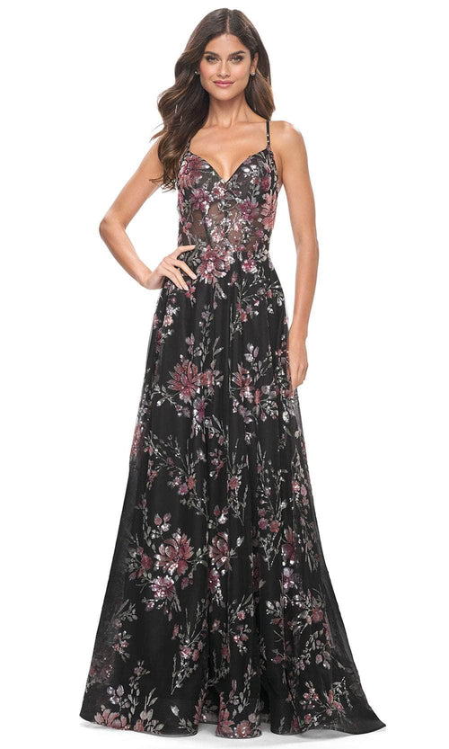 La Femme 32031 V-Neck Floral Sequin Prom Gown
