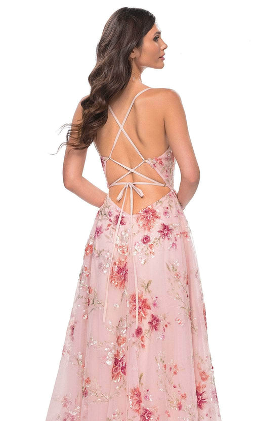La Femme 32031 V-Neck Floral Sequin Prom Gown