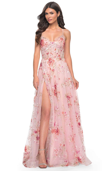 La Femme 32031 V-Neck Floral Sequin Prom Gown