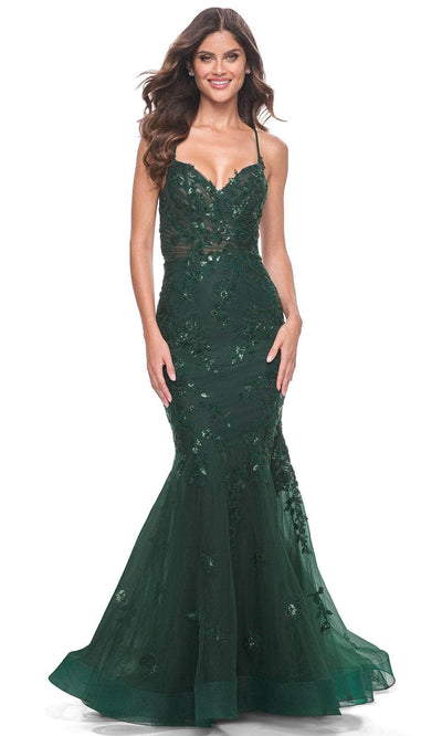 La Femme 32033 - Beaded Appliqued Mermaid Prom Dress Prom Dresses 00 / Dark Emerald