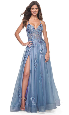 La Femme 32057 Open Back Applique Embellished Prom Gown