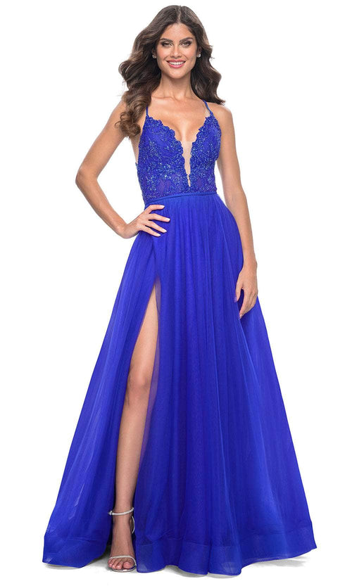 La Femme 32059 - Plunging Applique Prom Dress Evening Dresses 00 / Royal Blue