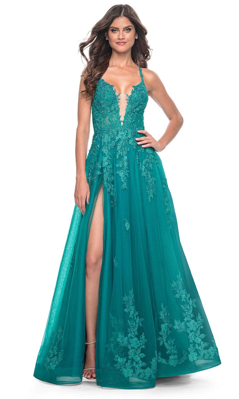 La Femme 32062 - Lace Appliqued Plunging Prom Dress Prom Dresses 00 / Teal