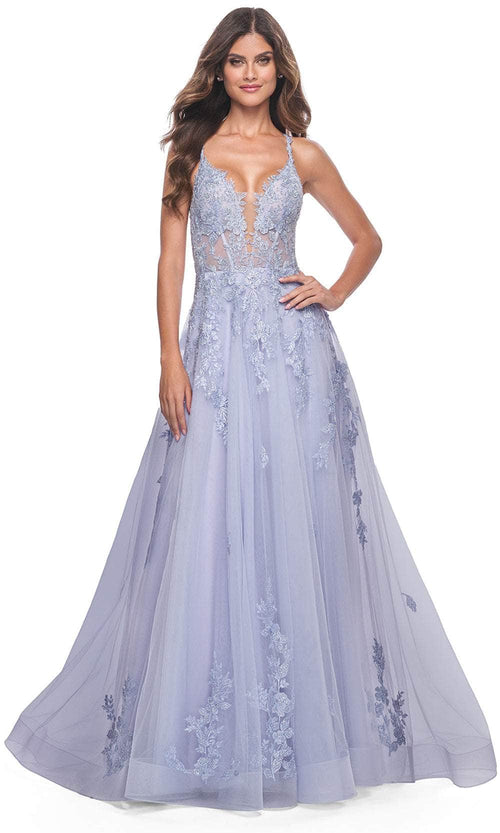 La Femme 32062 Lace Appliqued Plunging Prom Dress