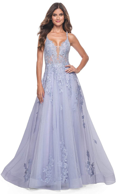 La Femme 32062 Lace Appliqued Plunging Prom Dress