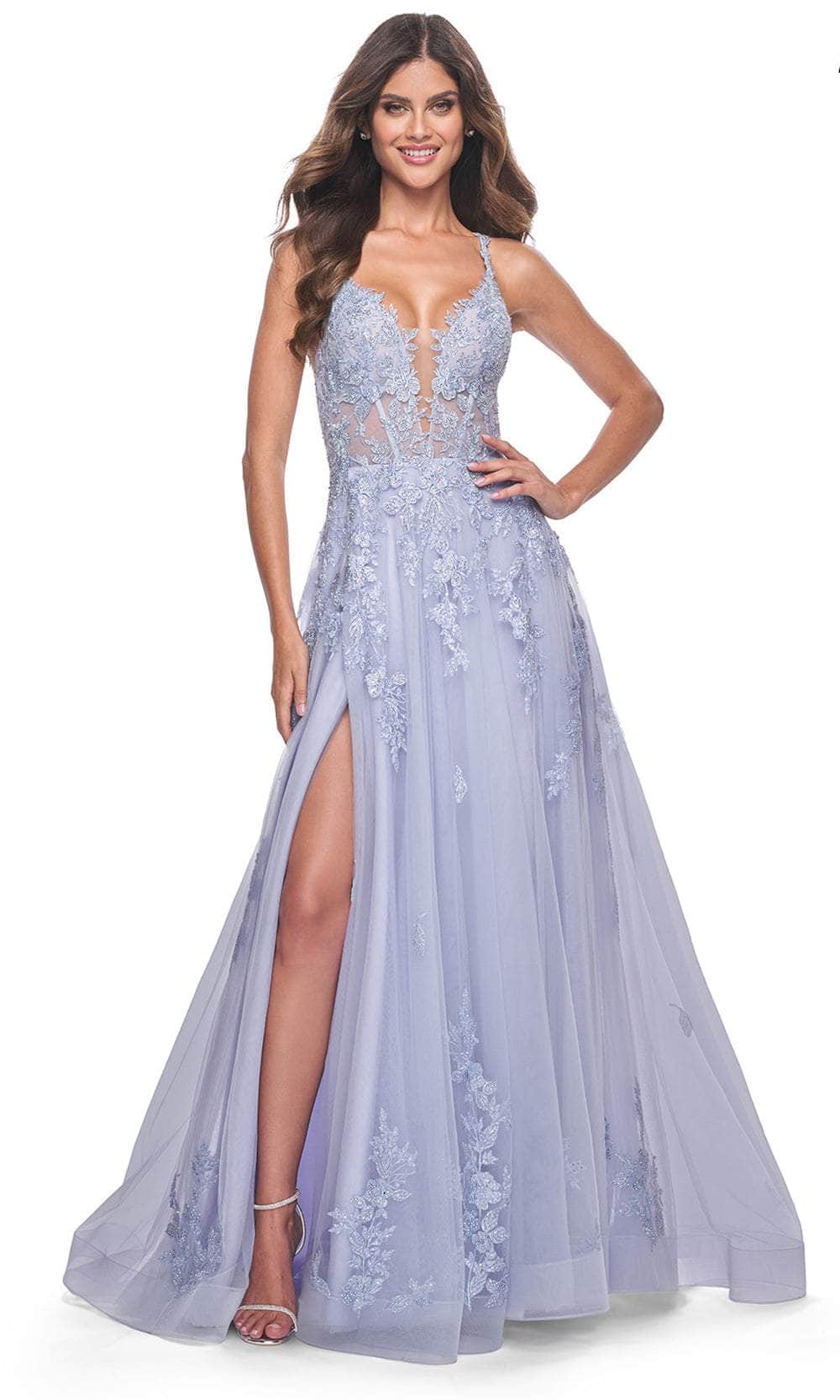 La Femme 32062 Lace Appliqued Plunging Prom Dress