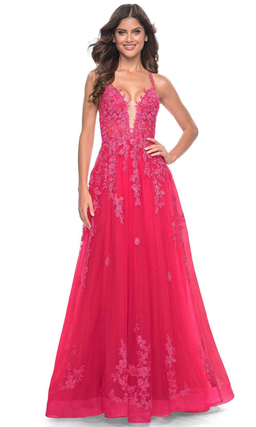 La Femme 32062 Lace Appliqued Plunging Prom Dress