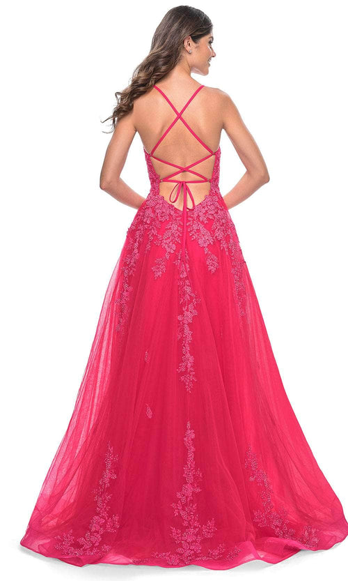 La Femme 32062 Lace Appliqued Plunging Prom Dress