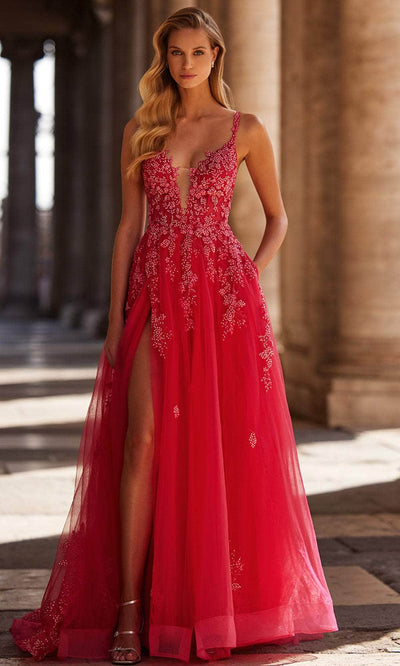 La Femme 32062 Lace Appliqued Plunging Prom Dress