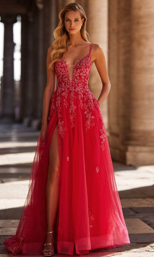 La Femme 32062 Lace Appliqued Plunging Prom Dress