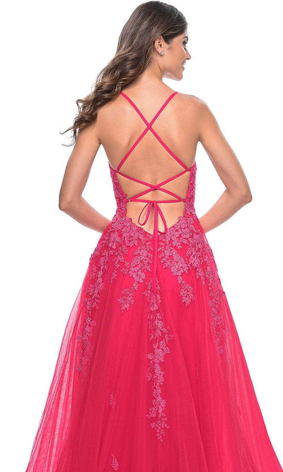 La Femme 32062 Lace Appliqued Plunging Prom Dress