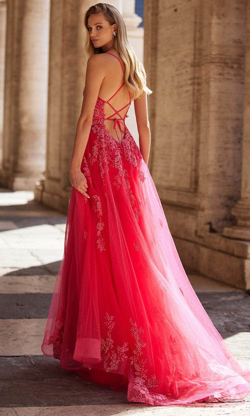 La Femme 32062 Lace Appliqued Plunging Prom Dress