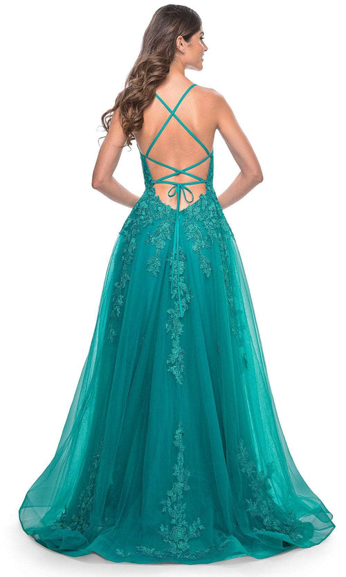La Femme 32062 Lace Appliqued Plunging Prom Dress