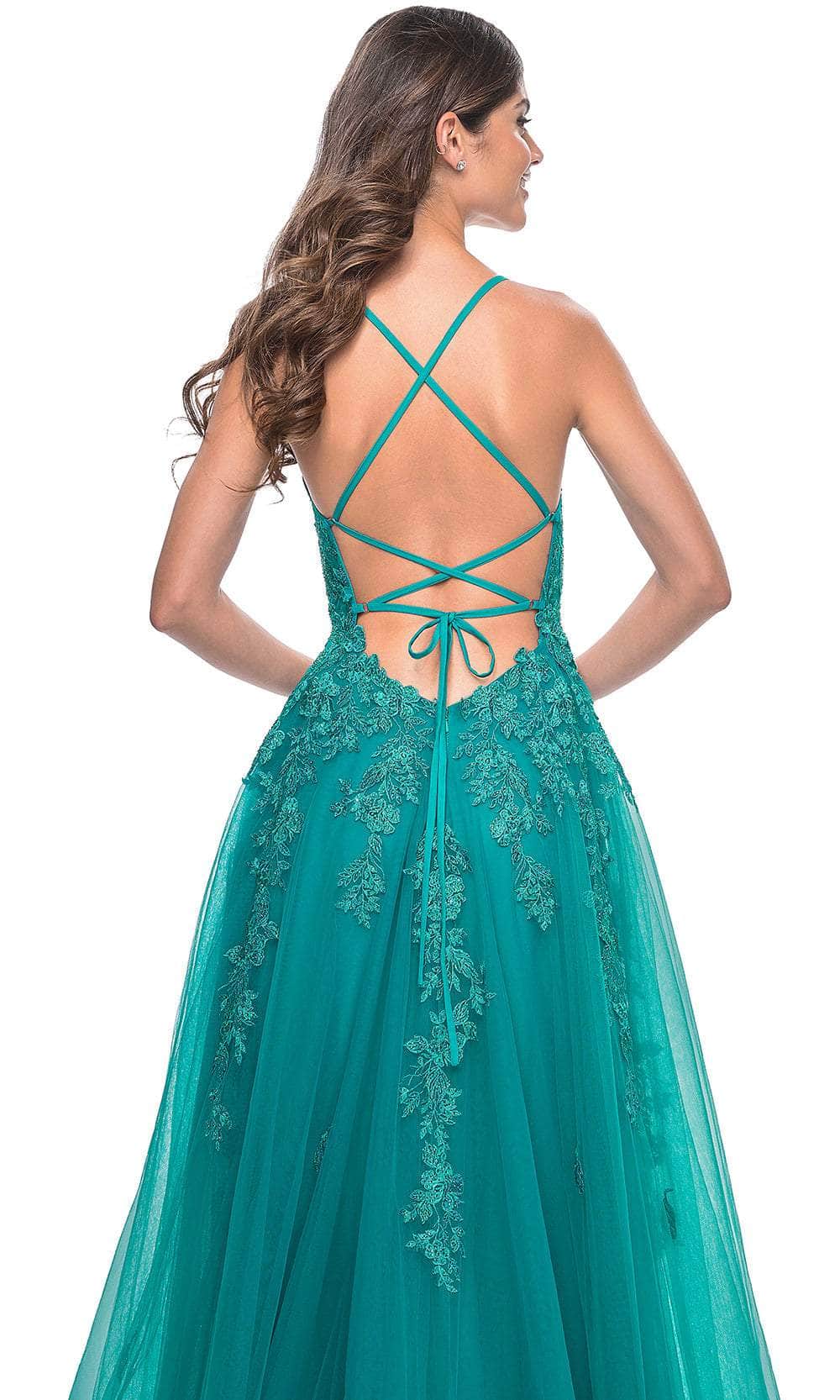 La Femme 32062 Lace Appliqued Plunging Prom Dress