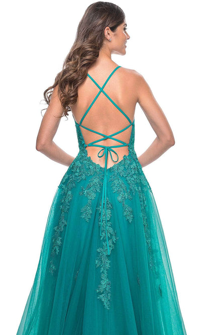 La Femme 32062 Lace Appliqued Plunging Prom Dress