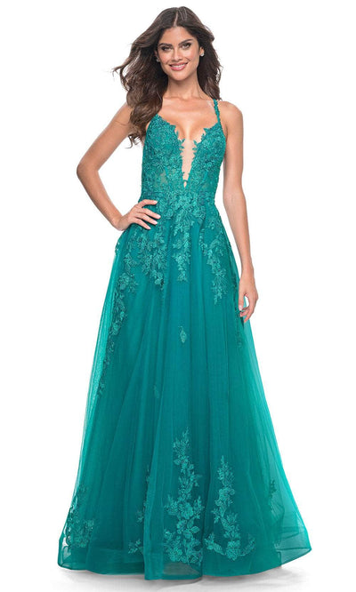 La Femme 32062 Lace Appliqued Plunging Prom Dress
