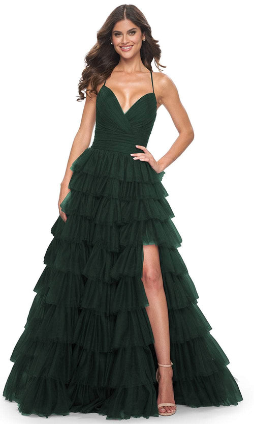 La Femme 32086 - Surplice V-Neck Ruffled Prom Dress Prom Dresses 00 / Dark Emerald
