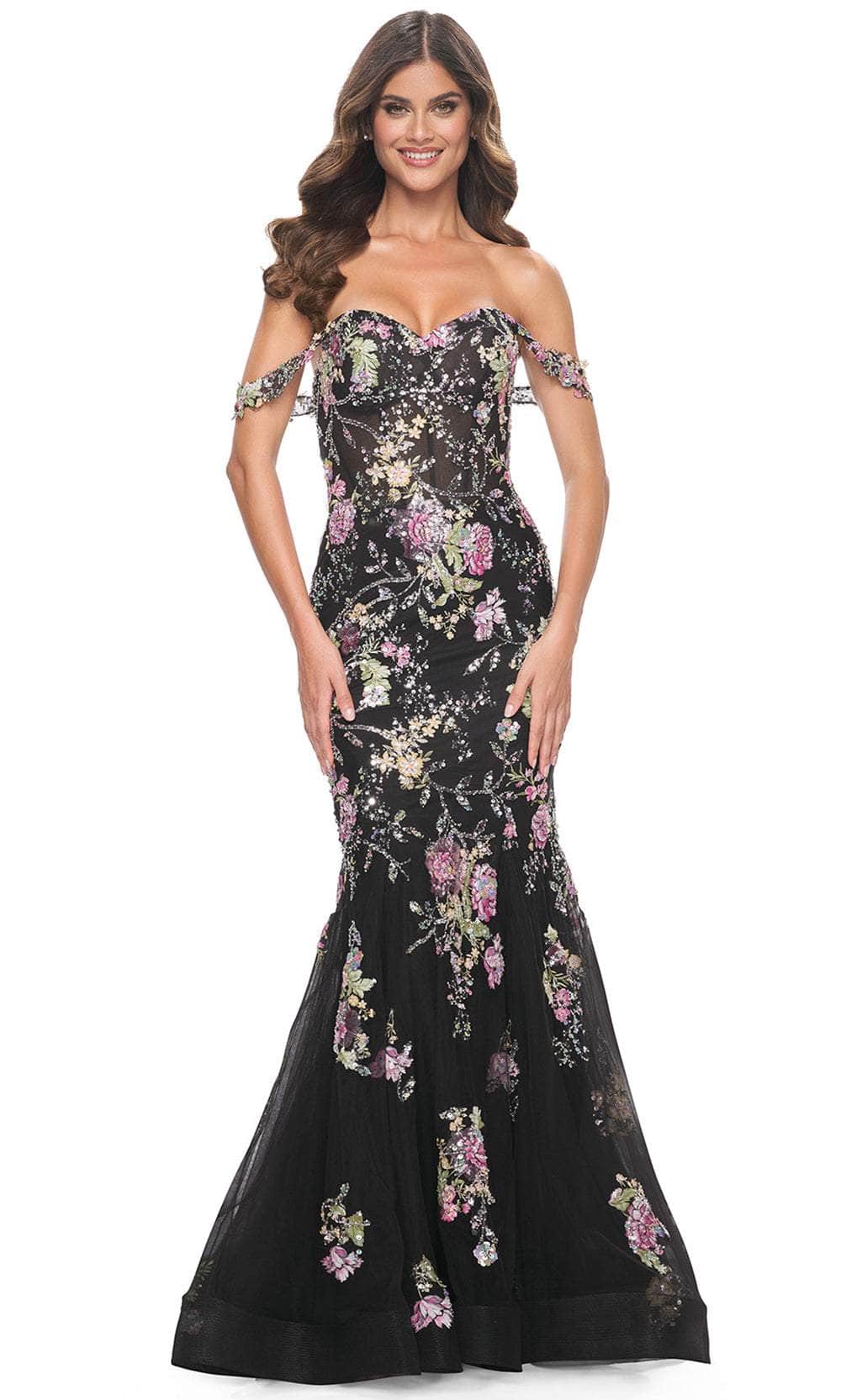 La Femme 32087 - Floral Sequin Embellished Off-Shoulder Prom Gown Prom Dresses 00 / Black