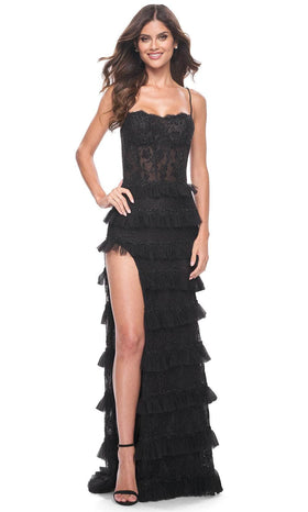 La Femme 32113 Straight Across Scalloped Lace Prom Gown