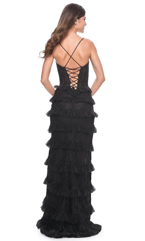 La Femme 32113 Straight Across Scalloped Lace Prom Gown