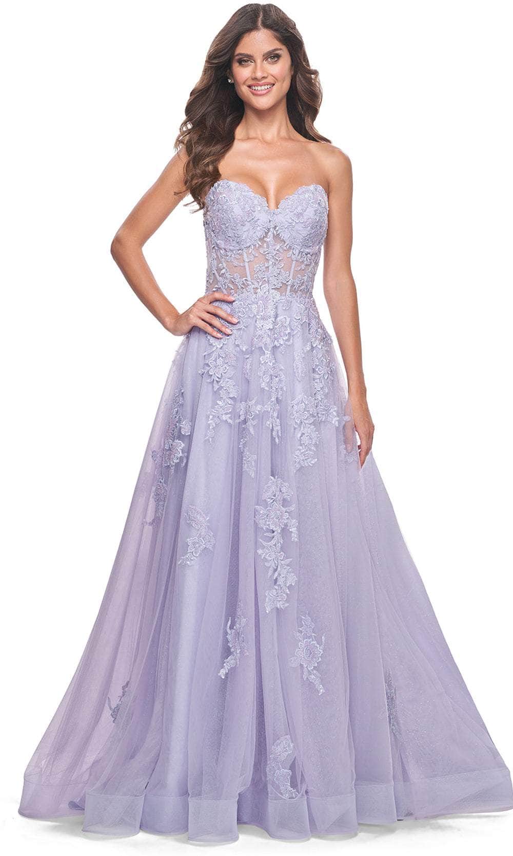 La Femme 32145 Sweetheart Appliqué A-line Prom Dress Slit Strapless Evening Gown
