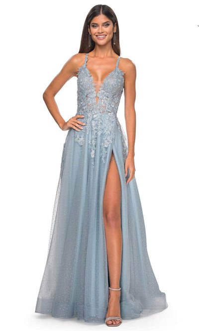 La Femme 32147 - Lace Applique Prom Dress with Slit Evening Dresses