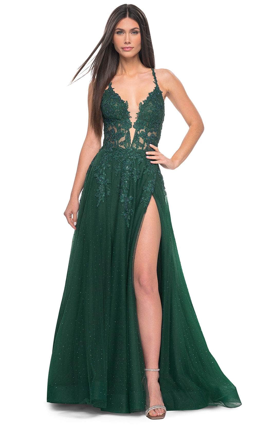 La Femme 32147 - Lace Applique Prom Dress with Slit Evening Dresses
