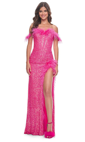 La Femme 32150 Feather Accent Off Shoulder Prom Gown