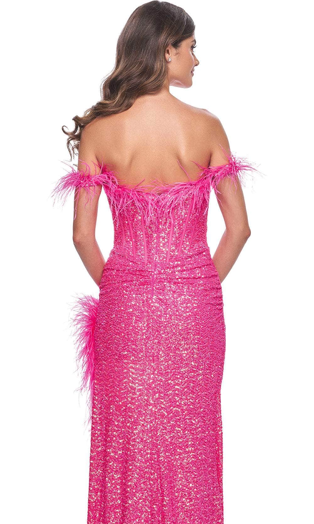 La Femme 32150 Feather Accent Off Shoulder Prom Gown