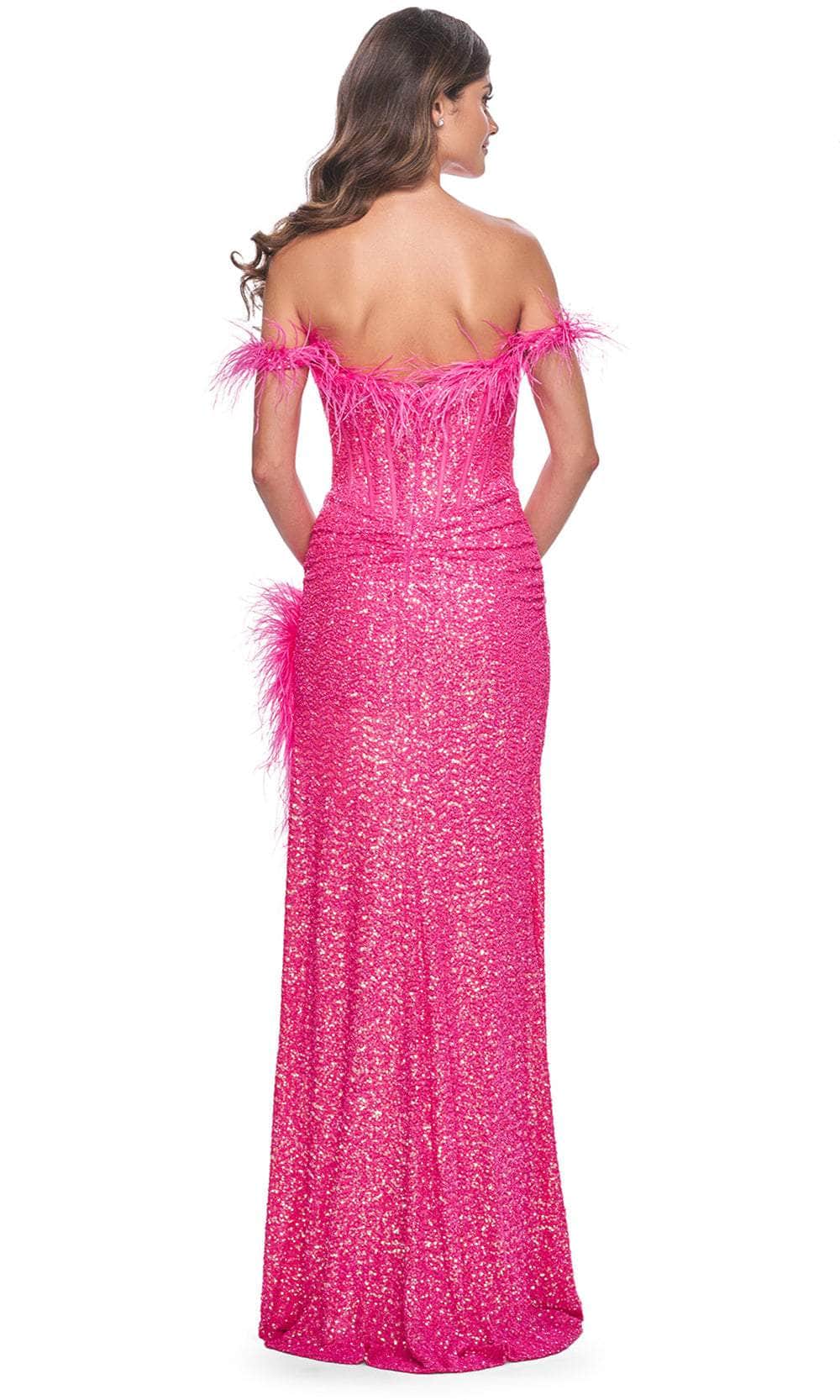 La Femme 32150 Feather Accent Off Shoulder Prom Gown