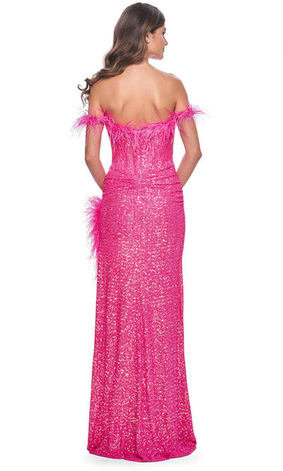 La Femme 32150 Feather Accent Off Shoulder Prom Gown