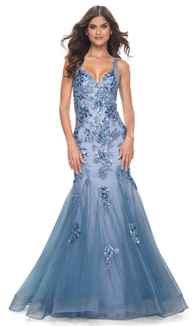La Femme 32192 Floral Applique Open Back Prom Gown