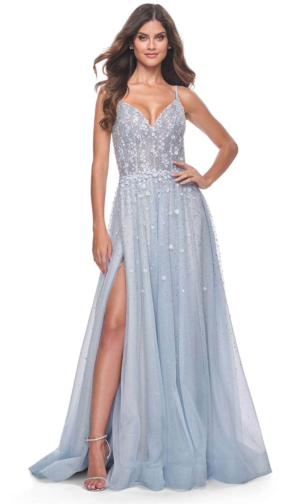 prom dresses la Femme 32215 V-Back Floral Appliqued Gown Recollections Elevate your prom night Off White/Denim Size:MEDIUM - SHORT
