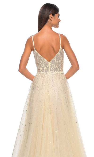 La Femme 32215 V-Back Floral Appliqued Prom Gown