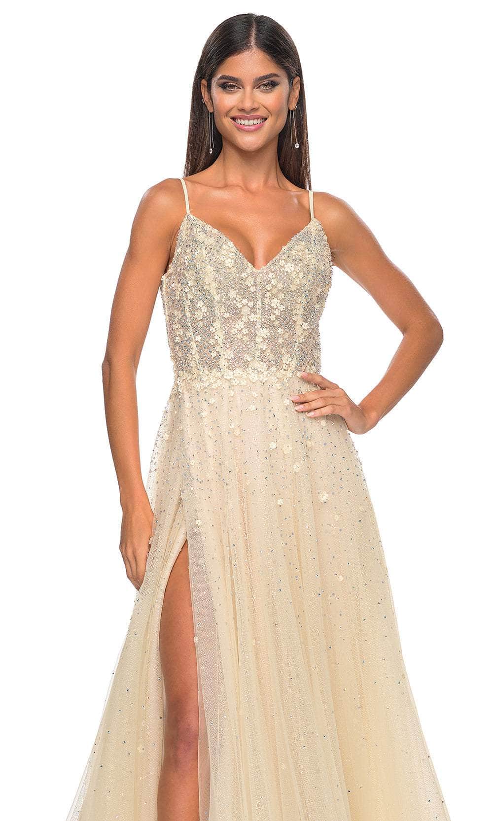La Femme 32215 V-Back Floral Appliqued Prom Gown