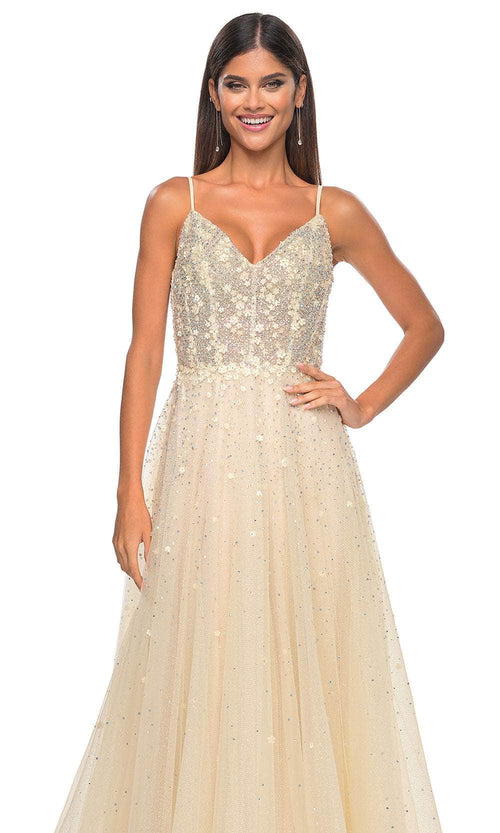 La Femme 32215 V-Back Floral Appliqued Prom Gown