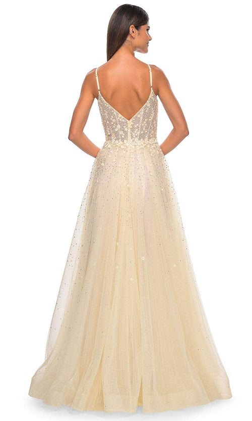 La Femme 32215 V-Back Floral Appliqued Prom Gown