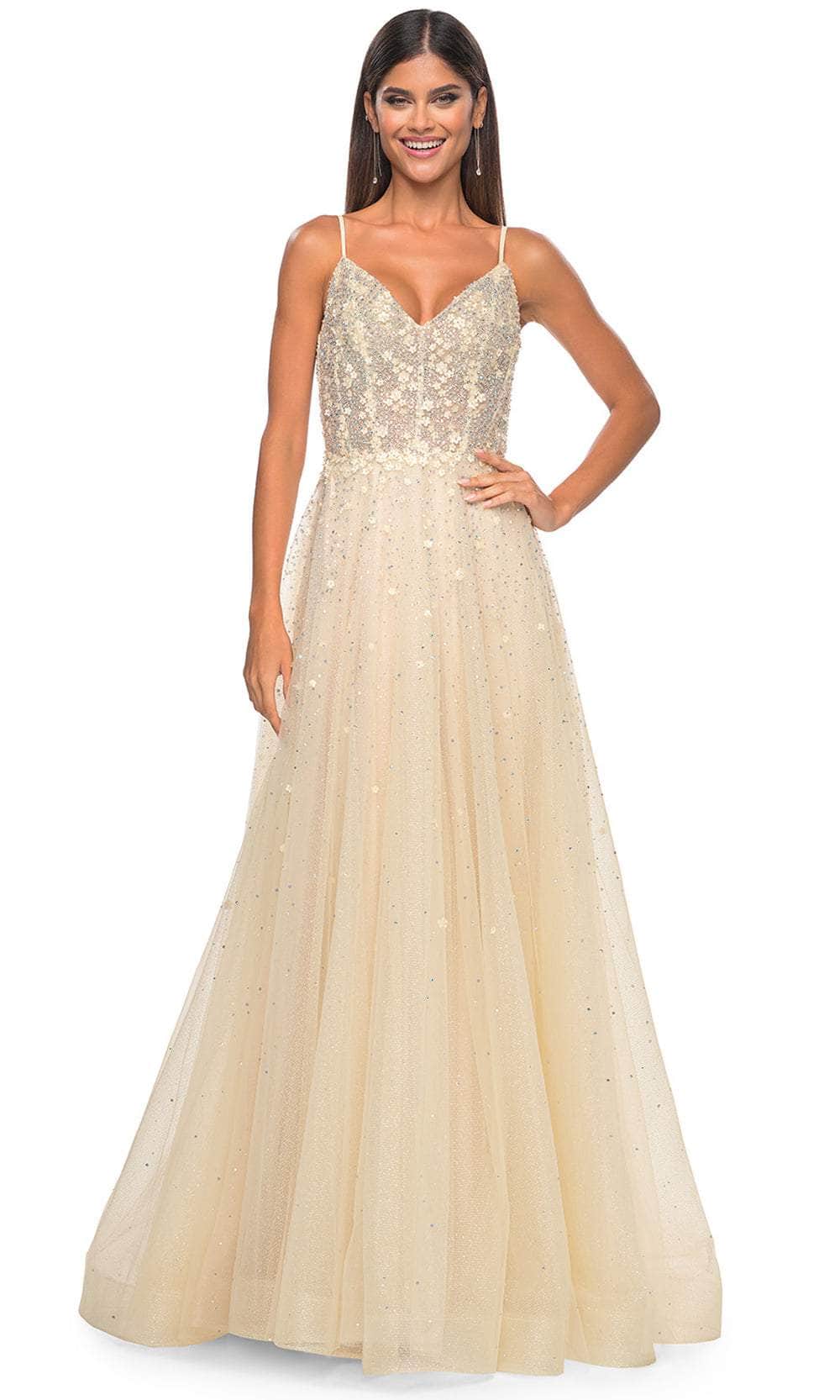 La Femme 32215 V-Back Floral Appliqued Prom Gown