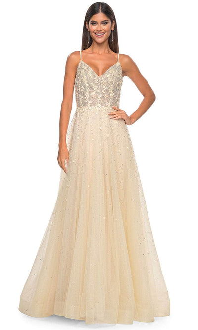 La Femme 32215 V-Back Floral Appliqued Prom Gown