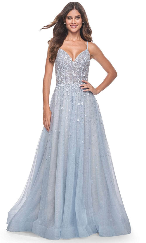La Femme 32215 V-Back Floral Appliqued Prom Gown