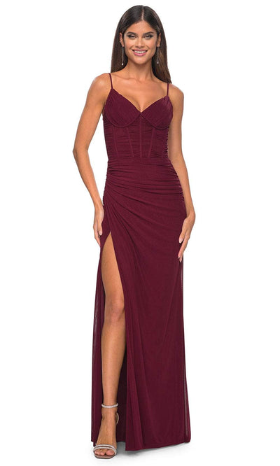 La Femme 32239 - V-Neck Ruched Bustier Prom Gown Evening Dresses 00 / Wine