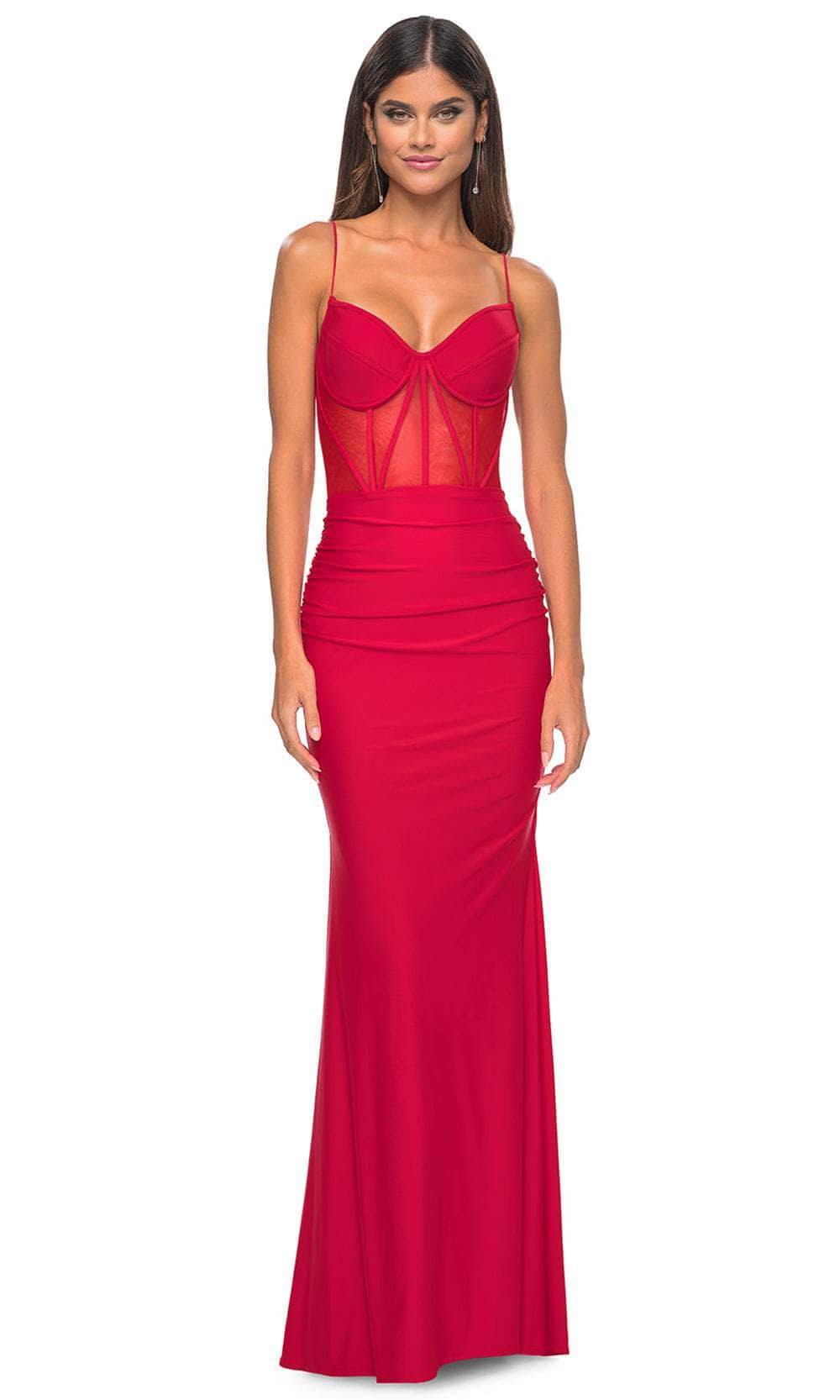 La Femme 32258 - V-Neck Illusion Bustier Prom Gown Evening Dresses 00 / Red
